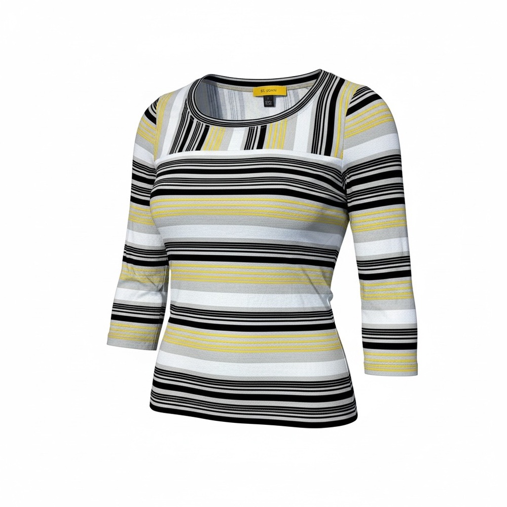 ST. JOHN three quarter length Striped‎ Women's Top Black White Yellow Size Small